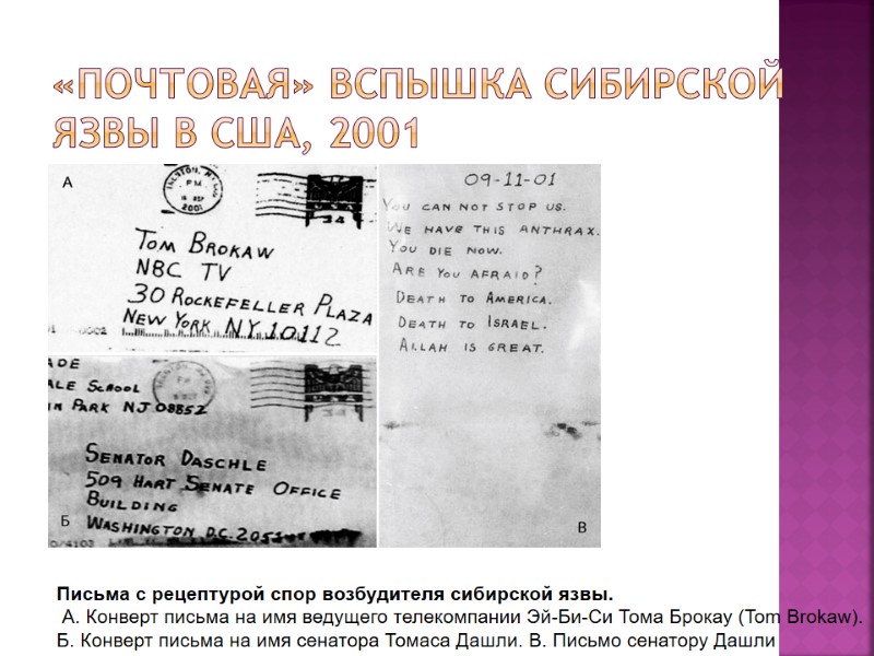 «Почтовая» вспышка сибирской язвы в США, 2001 Письма с рецептурой спор возбудителя сибирской язвы.